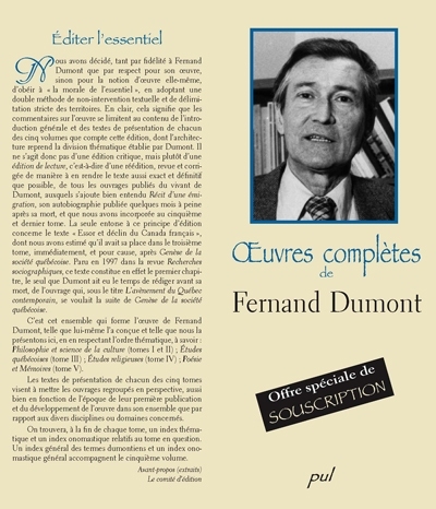 Oeuvres complètes de Fernand Dumont en 5 volumes Oeuvres complètes de Fernand Dumont en 5 volumes